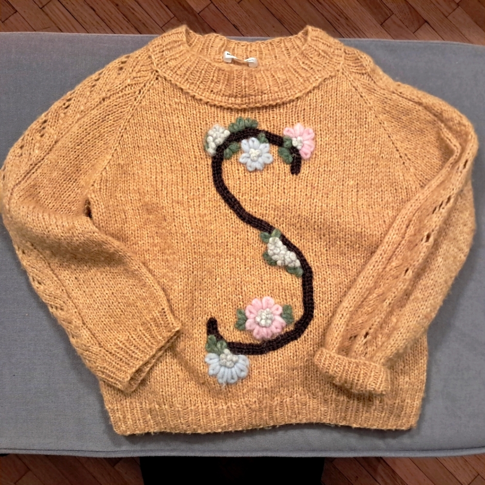 Kid's wool knitted sweater, size 5, Tuscan yellow, embroidered 'S' on front